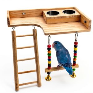 Bird Perches Platform by kathson – Ladder Swing with Food Bowls-0