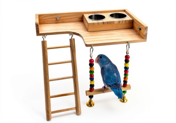 Bird Perches Platform by kathson – Ladder Swing with Food Bowls-0
