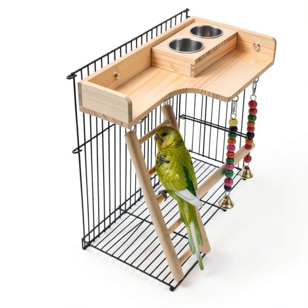 Bird Perches Platform by kathson – Ladder Swing with Food Bowls-1