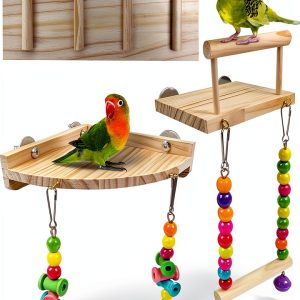 Bird Perches Platform Swing 3PCS Natural Wood Ladder Set by Sysmashing-0