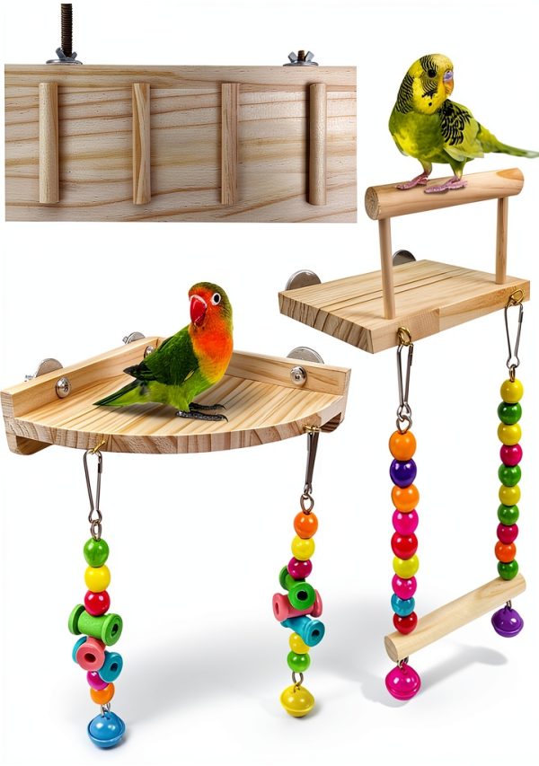 Bird Perches Platform Swing 3PCS Natural Wood Ladder Set by Sysmashing-0